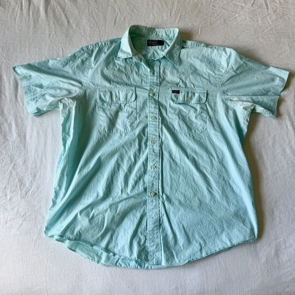 90's Polo Ralph Lauren Short Sleeve Deck Shirt XXL Faded Teal Double Pocket‎ RL